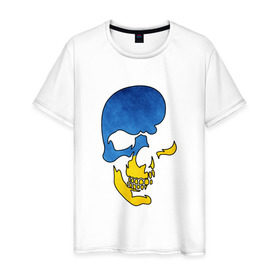 Мужская футболка хлопок с принтом Сине-желтый череп в Белгороде, 100% хлопок | прямой крой, круглый вырез горловины, длина до линии бедер, слегка спущенное плечо. | желтый | злой | зубы | кости | символ | синий | скелет | улыбка | череп