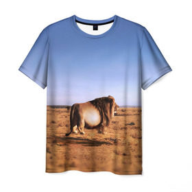Мужская футболка 3D с принтом Толстый лев в Белгороде, 100% полиэфир | прямой крой, круглый вырез горловины, длина до линии бедер | Тематика изображения на принте: африка | грива | животное | жирный | зверь | король | лев | львица | обжора | ожиревший | оскал | песок | прайд | прикол | природа | рёв | рык | рычание | сафари | сильный | хищник | царь | царь зверей
