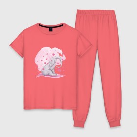 Женская пижама хлопок с принтом Слоник в Белгороде, 100% хлопок | брюки и футболка прямого кроя, без карманов, на брюках мягкая резинка на поясе и по низу штанин | акварель | любовь | рисунок | розовый