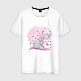 Мужская футболка хлопок с принтом Слоник в Белгороде, 100% хлопок | прямой крой, круглый вырез горловины, длина до линии бедер, слегка спущенное плечо. | Тематика изображения на принте: акварель | любовь | рисунок | розовый