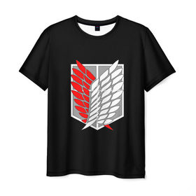 Мужская футболка 3D с принтом Атака Титанов (эмблема) #9 в Белгороде, 100% полиэфир | прямой крой, круглый вырез горловины, длина до линии бедер | attack on titan | shingeki no kyojin | белый | красный | чёрный | эмблема разведчиков