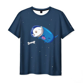 Мужская футболка 3D с принтом Собачка в космосе в Белгороде, 100% полиэфир | прямой крой, круглый вырез горловины, длина до линии бедер | Тематика изображения на принте: звёзды | космонавт | космос | косточка | скафандр | собачка