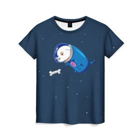 Женская футболка 3D с принтом Собачка в космосе в Белгороде, 100% полиэфир ( синтетическое хлопкоподобное полотно) | прямой крой, круглый вырез горловины, длина до линии бедер | Тематика изображения на принте: звёзды | космонавт | космос | косточка | скафандр | собачка