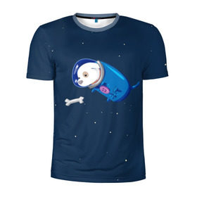 Мужская футболка 3D спортивная с принтом Собачка в космосе в Белгороде, 100% полиэстер с улучшенными характеристиками | приталенный силуэт, круглая горловина, широкие плечи, сужается к линии бедра | Тематика изображения на принте: звёзды | космонавт | космос | косточка | скафандр | собачка
