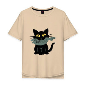 Мужская футболка хлопок Oversize с принтом Котик с рыбкой в Белгороде, 100% хлопок | свободный крой, круглый ворот, “спинка” длиннее передней части | black cat | cat | cats | cool | fish | nice | sweet | кот | кот и рыба | котик | котик с рыбкой | кошка | мило | милый | рыба | рыбка | черный