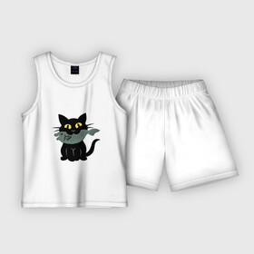 Детская пижама с шортами хлопок с принтом Котик с рыбкой в Белгороде,  |  | black cat | cat | cats | cool | fish | nice | sweet | кот | кот и рыба | котик | котик с рыбкой | кошка | мило | милый | рыба | рыбка | черный
