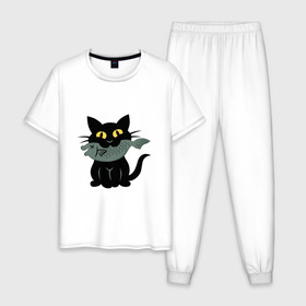 Мужская пижама хлопок с принтом Котик с рыбкой в Белгороде, 100% хлопок | брюки и футболка прямого кроя, без карманов, на брюках мягкая резинка на поясе и по низу штанин
 | Тематика изображения на принте: black cat | cat | cats | cool | fish | nice | sweet | кот | кот и рыба | котик | котик с рыбкой | кошка | мило | милый | рыба | рыбка | черный