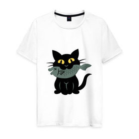 Мужская футболка хлопок с принтом Котик с рыбкой в Белгороде, 100% хлопок | прямой крой, круглый вырез горловины, длина до линии бедер, слегка спущенное плечо. | Тематика изображения на принте: black cat | cat | cats | cool | fish | nice | sweet | кот | кот и рыба | котик | котик с рыбкой | кошка | мило | милый | рыба | рыбка | черный