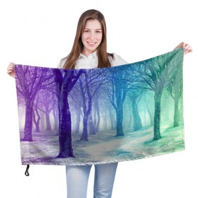 Флаг 3D с принтом Мрачный лес в Белгороде, 100% полиэстер | плотность ткани — 95 г/м2, размер — 67 х 109 см. Принт наносится с одной стороны | вечер | деревья | загадочный | зеленый | земля | зима | лес | необычный | природа | свет | свечение | сибирь | снег | тайга | фиолетовый | яркий