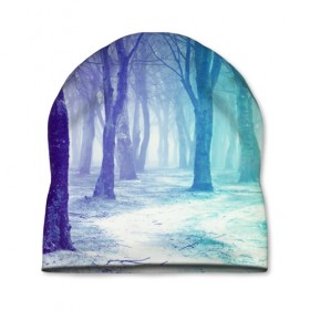 Шапка 3D с принтом Мрачный лес в Белгороде, 100% полиэстер | универсальный размер, печать по всей поверхности изделия | вечер | деревья | загадочный | зеленый | земля | зима | лес | необычный | природа | свет | свечение | сибирь | снег | тайга | фиолетовый | яркий