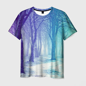 Мужская футболка 3D с принтом Мрачный лес в Белгороде, 100% полиэфир | прямой крой, круглый вырез горловины, длина до линии бедер | Тематика изображения на принте: вечер | деревья | загадочный | зеленый | земля | зима | лес | необычный | природа | свет | свечение | сибирь | снег | тайга | фиолетовый | яркий
