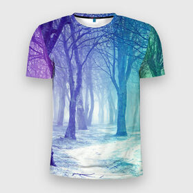 Мужская футболка 3D спортивная с принтом Мрачный лес в Белгороде, 100% полиэстер с улучшенными характеристиками | приталенный силуэт, круглая горловина, широкие плечи, сужается к линии бедра | вечер | деревья | загадочный | зеленый | земля | зима | лес | необычный | природа | свет | свечение | сибирь | снег | тайга | фиолетовый | яркий