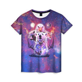 Женская футболка 3D с принтом Звериный прайд в Белгороде, 100% полиэфир ( синтетическое хлопкоподобное полотно) | прямой крой, круглый вырез горловины, длина до линии бедер | волк | вселенная | галактика | звезды | медведь | орел | пума | туманность