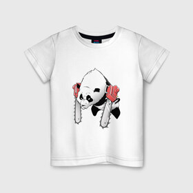 Детская футболка хлопок с принтом Панда - руки бензопилы в Белгороде, 100% хлопок | круглый вырез горловины, полуприлегающий силуэт, длина до линии бедер | бамбук | бамбуковый медведь | бензопила | животное | злость | красная книга | кунгфу | лапы | мишка | опасный | оскал | панда | пила | прикольный | тростник | эвкалипт | япония | ярость