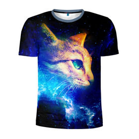 Мужская футболка 3D спортивная с принтом Звездный кот в Белгороде, 100% полиэстер с улучшенными характеристиками | приталенный силуэт, круглая горловина, широкие плечи, сужается к линии бедра | звезды | кот | мордочка | темный