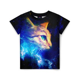 Детская футболка 3D с принтом Звездный кот в Белгороде, 100% гипоаллергенный полиэфир | прямой крой, круглый вырез горловины, длина до линии бедер, чуть спущенное плечо, ткань немного тянется | Тематика изображения на принте: звезды | кот | мордочка | темный