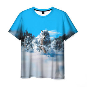 Мужская футболка 3D с принтом Волчья охота в Белгороде, 100% полиэфир | прямой крой, круглый вырез горловины, длина до линии бедер | Тематика изображения на принте: бирюк | волк | волчара | волчица | волчок | глаза | животное | животные | зверь | зима | злость | картина | койот | рисунок | санитар леса | серый | снег | стая | три | хищник | цветной | шакал