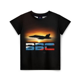 Детская футболка 3D с принтом Истребитель ВВС на закате в Белгороде, 100% гипоаллергенный полиэфир | прямой крой, круглый вырез горловины, длина до линии бедер, чуть спущенное плечо, ткань немного тянется | самолет