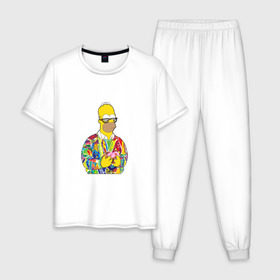 Мужская пижама хлопок с принтом Homer в Белгороде, 100% хлопок | брюки и футболка прямого кроя, без карманов, на брюках мягкая резинка на поясе и по низу штанин
 | bart | homer | simpsons | барт | гомер | еда | мультфильм | отец | папа | пончик | радуга | симпсоны | спрингфилд | хиппи | цвет