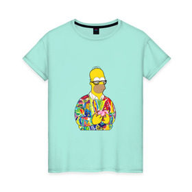 Женская футболка хлопок с принтом Homer в Белгороде, 100% хлопок | прямой крой, круглый вырез горловины, длина до линии бедер, слегка спущенное плечо | bart | homer | simpsons | барт | гомер | еда | мультфильм | отец | папа | пончик | радуга | симпсоны | спрингфилд | хиппи | цвет