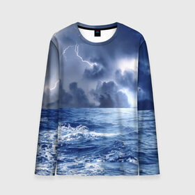 Мужской лонгслив 3D с принтом Шторм в Белгороде, 100% полиэстер | длинные рукава, круглый вырез горловины, полуприлегающий силуэт | Тематика изображения на принте: брызги | буря | вода | волны | гроза | капли | красивое | молния | море | непогода | океан | природа | синее | стихия | тучи