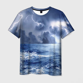 Мужская футболка 3D с принтом Шторм в Белгороде, 100% полиэфир | прямой крой, круглый вырез горловины, длина до линии бедер | Тематика изображения на принте: брызги | буря | вода | волны | гроза | капли | красивое | молния | море | непогода | океан | природа | синее | стихия | тучи