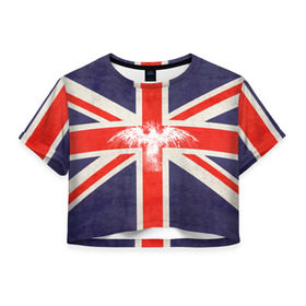 Женская футболка 3D укороченная с принтом Флаг Англии с белым орлом в Белгороде, 100% полиэстер | круглая горловина, длина футболки до линии талии, рукава с отворотами | london | англия | белый | брызги | великобритания | империя | клякса | крылья | лондон | необычный | объеденное королевство | орел | птица | символ | сокол | туманный альбион | флаг