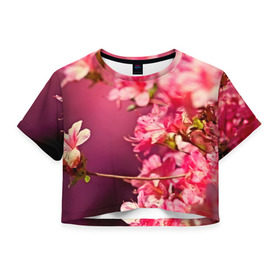 Женская футболка 3D укороченная с принтом Сакура в Белгороде, 100% полиэстер | круглая горловина, длина футболки до линии талии, рукава с отворотами | 3d | flower | nature | pink | sakura | весна | деревья | природа | розовый | сакура | цветы | япония