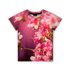 Детская футболка 3D с принтом Сакура в Белгороде, 100% гипоаллергенный полиэфир | прямой крой, круглый вырез горловины, длина до линии бедер, чуть спущенное плечо, ткань немного тянется | 3d | flower | nature | pink | sakura | весна | деревья | природа | розовый | сакура | цветы | япония