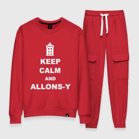 Женский костюм хлопок с принтом Keep calm and allons-y в Белгороде, 100% хлопок | на свитшоте круглая горловина, мягкая резинка по низу. Брюки заужены к низу, на них два вида карманов: два 