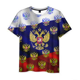 Мужская футболка 3D с принтом Россыпь гербов РФ в Белгороде, 100% полиэфир | прямой крой, круглый вырез горловины, длина до линии бедер | герб | государство | желтый | зеленый | знамя | золотой | множество | патриот | развивающийся | российская федерация | россия | рф | символ | синий | стяг | триколор | флаг