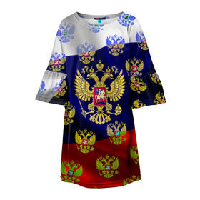 Детское платье 3D с принтом Россыпь гербов РФ в Белгороде, 100% полиэстер | прямой силуэт, чуть расширенный к низу. Круглая горловина, на рукавах — воланы | герб | государство | желтый | зеленый | знамя | золотой | множество | патриот | развивающийся | российская федерация | россия | рф | символ | синий | стяг | триколор | флаг