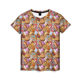 Женская футболка 3D с принтом Фастфуд в Белгороде, 100% полиэфир ( синтетическое хлопкоподобное полотно) | прямой крой, круглый вырез горловины, длина до линии бедер | бурито | вкусняшка | вок | гамбургер | еда я люблю тебя | жарить | жир | курица | лапша | макдак | мороженое | нагетсы | пицца | пончики | салями | смайл | фри | хотдог | шаурма