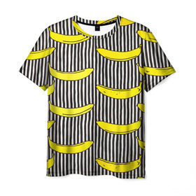 Мужская футболка 3D с принтом Бананы на Полосатом Фоне в Белгороде, 100% полиэфир | прямой крой, круглый вырез горловины, длина до линии бедер | банана | бананчик | вкусный | желтый | спелый | фрукт