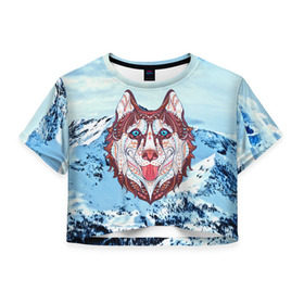 Женская футболка 3D укороченная с принтом Хаски в Белгороде, 100% полиэстер | круглая горловина, длина футболки до линии талии, рукава с отворотами | at | bowwow | dog | hound | pooch | арт | гончая | гончая собака | горы | деревья | лес | снег | собака | хаски | холод