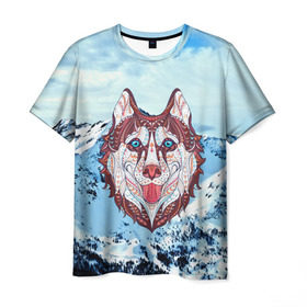 Мужская футболка 3D с принтом Хаски в Белгороде, 100% полиэфир | прямой крой, круглый вырез горловины, длина до линии бедер | at | bowwow | dog | hound | pooch | арт | гончая | гончая собака | горы | деревья | лес | снег | собака | хаски | холод
