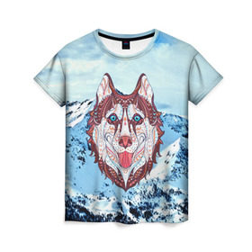 Женская футболка 3D с принтом Хаски в Белгороде, 100% полиэфир ( синтетическое хлопкоподобное полотно) | прямой крой, круглый вырез горловины, длина до линии бедер | at | bowwow | dog | hound | pooch | арт | гончая | гончая собака | горы | деревья | лес | снег | собака | хаски | холод