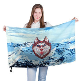 Флаг 3D с принтом Хаски в Белгороде, 100% полиэстер | плотность ткани — 95 г/м2, размер — 67 х 109 см. Принт наносится с одной стороны | at | bowwow | dog | hound | pooch | арт | гончая | гончая собака | горы | деревья | лес | снег | собака | хаски | холод