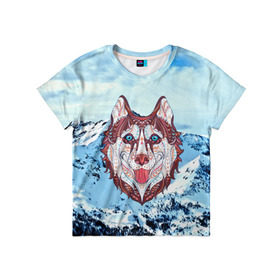 Детская футболка 3D с принтом Хаски в Белгороде, 100% гипоаллергенный полиэфир | прямой крой, круглый вырез горловины, длина до линии бедер, чуть спущенное плечо, ткань немного тянется | at | bowwow | dog | hound | pooch | арт | гончая | гончая собака | горы | деревья | лес | снег | собака | хаски | холод