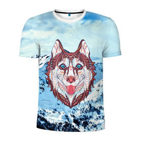 Мужская футболка 3D спортивная с принтом Хаски в Белгороде, 100% полиэстер с улучшенными характеристиками | приталенный силуэт, круглая горловина, широкие плечи, сужается к линии бедра | at | bowwow | dog | hound | pooch | арт | гончая | гончая собака | горы | деревья | лес | снег | собака | хаски | холод