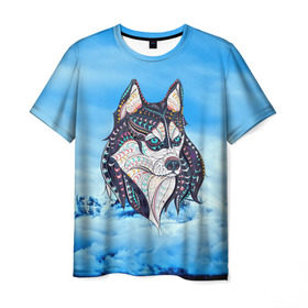 Мужская футболка 3D с принтом Siberian Husky в Белгороде, 100% полиэфир | прямой крой, круглый вырез горловины, длина до линии бедер | at | bowwow | dog | hound | pooch | арт | гончая | гончая собака | горы | деревья | лес | снег | собака | хаски | холод