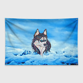 Флаг-баннер с принтом Siberian Husky в Белгороде, 100% полиэстер | размер 67 х 109 см, плотность ткани — 95 г/м2; по краям флага есть четыре люверса для крепления | at | bowwow | dog | hound | pooch | арт | гончая | гончая собака | горы | деревья | лес | снег | собака | хаски | холод