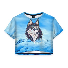 Женская футболка 3D укороченная с принтом Siberian Husky в Белгороде, 100% полиэстер | круглая горловина, длина футболки до линии талии, рукава с отворотами | at | bowwow | dog | hound | pooch | арт | гончая | гончая собака | горы | деревья | лес | снег | собака | хаски | холод