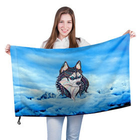 Флаг 3D с принтом Siberian Husky в Белгороде, 100% полиэстер | плотность ткани — 95 г/м2, размер — 67 х 109 см. Принт наносится с одной стороны | at | bowwow | dog | hound | pooch | арт | гончая | гончая собака | горы | деревья | лес | снег | собака | хаски | холод