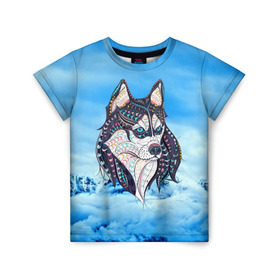 Детская футболка 3D с принтом Siberian Husky в Белгороде, 100% гипоаллергенный полиэфир | прямой крой, круглый вырез горловины, длина до линии бедер, чуть спущенное плечо, ткань немного тянется | at | bowwow | dog | hound | pooch | арт | гончая | гончая собака | горы | деревья | лес | снег | собака | хаски | холод