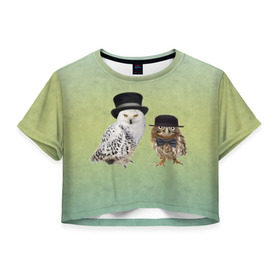Женская футболка 3D укороченная с принтом совы в Белгороде, 100% полиэстер | круглая горловина, длина футболки до линии талии, рукава с отворотами | 