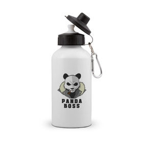 Бутылка спортивная с принтом Panda Boss в Белгороде, металл | емкость — 500 мл, в комплекте две пластиковые крышки и карабин для крепления | банда | большой | босс | важный | главарь | главный | директор | крутой | круче всех | лидер | мех | панда | россия | русский | самый | супер | трубка | шуба