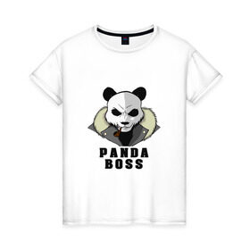 Женская футболка хлопок с принтом Panda Boss в Белгороде, 100% хлопок | прямой крой, круглый вырез горловины, длина до линии бедер, слегка спущенное плечо | банда | большой | босс | важный | главарь | главный | директор | крутой | круче всех | лидер | мех | панда | россия | русский | самый | супер | трубка | шуба