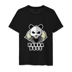 Мужская футболка хлопок с принтом Panda Boss в Белгороде, 100% хлопок | прямой крой, круглый вырез горловины, длина до линии бедер, слегка спущенное плечо. | банда | большой | босс | важный | главарь | главный | директор | крутой | круче всех | лидер | мех | панда | россия | русский | самый | супер | трубка | шуба