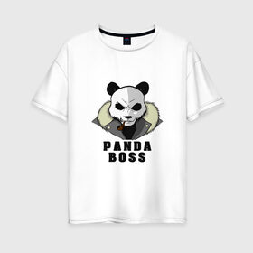 Женская футболка хлопок Oversize с принтом Panda Boss в Белгороде, 100% хлопок | свободный крой, круглый ворот, спущенный рукав, длина до линии бедер
 | банда | большой | босс | важный | главарь | главный | директор | крутой | круче всех | лидер | мех | панда | россия | русский | самый | супер | трубка | шуба